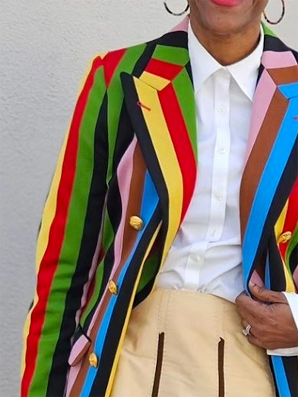 Buttoned Colorful Contrast Color Striped Long Sleeves Notched Collar Outerwear Blazer