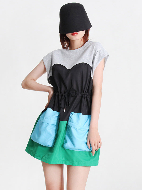 Stylish Selection Short Sleeves Loose Drawstring Split-Joint Round-Neck Mini Dresses