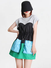 Stylish Selection Short Sleeves Loose Drawstring Split-Joint Round-Neck Mini Dresses