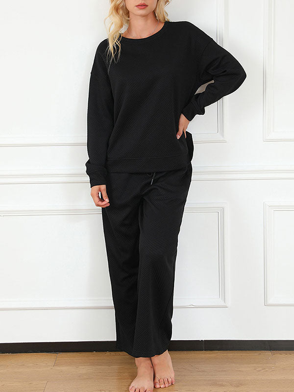 Round-Neck Long Sleeves Loose Solid Color Shirts Top + Drawstring Pants Bottom Two Pieces Set
