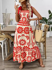 Elasticity Flower Print Pleated Tied A-Line Loose Spaghetti-Neck Midi Dresses