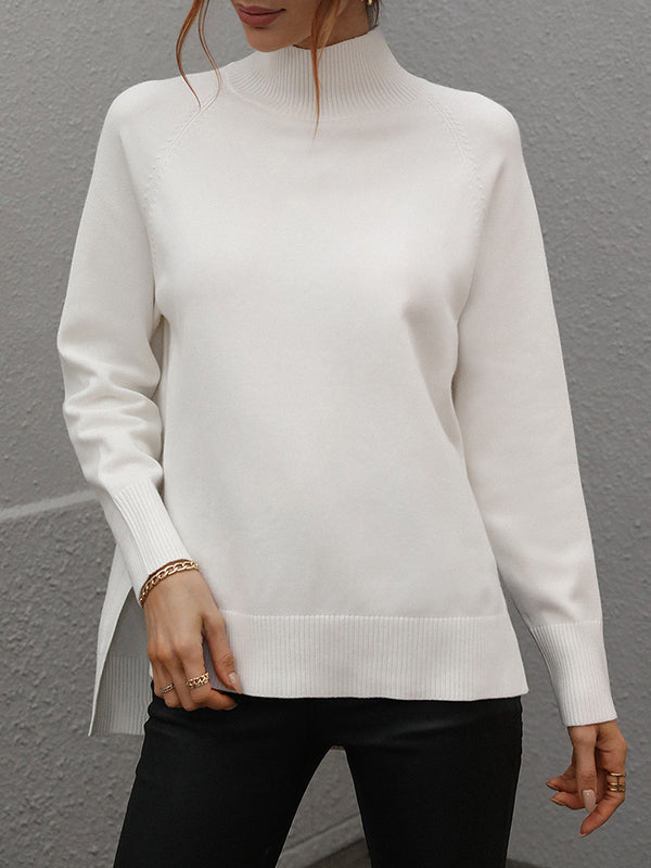Solid Color Split-Side High-Low Long Sleeves High Neck Sweater Tops Pullovers