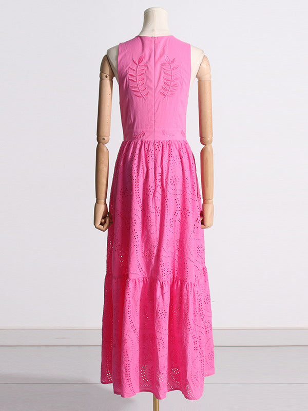 Buttoned Crochet Embroidered Hollow Solid Color Zipper High Waisted Sleeveless Deep V-Neck Maxi Dresses