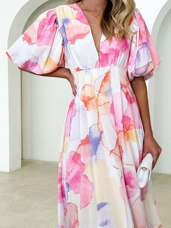 Flower Print Pleated Split-Joint Zipper A-Line High Waisted V-Neck Maxi Dresses