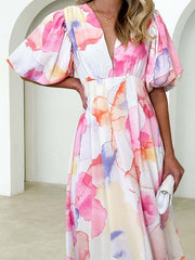 Flower Print Pleated Split-Joint Zipper A-Line High Waisted V-Neck Maxi Dresses