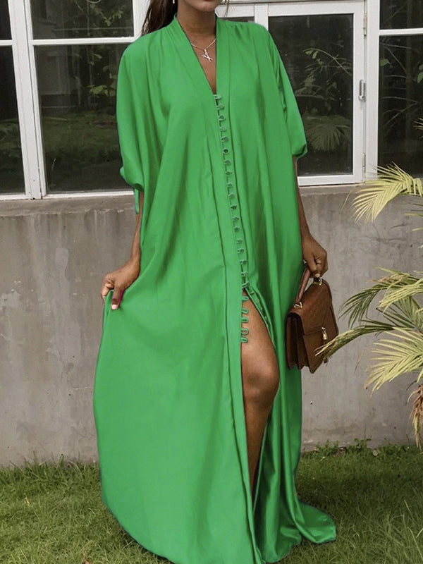 Solid Color Split-Front Split-Joint Batwing Sleeves Loose V-Neck Shirt Dress Maxi Dresses
