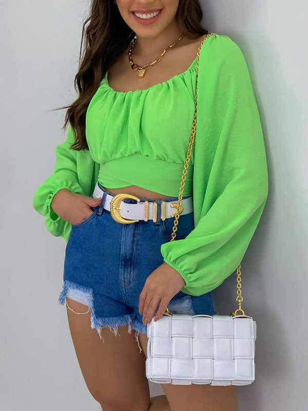 Elasticity Pleated Solid Color Long Sleeves Loose Off-the-shoulder Blouses