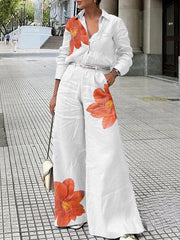 Long Sleeves Floral Printed Split-Joint Lapel Blouses&Shirts Tops