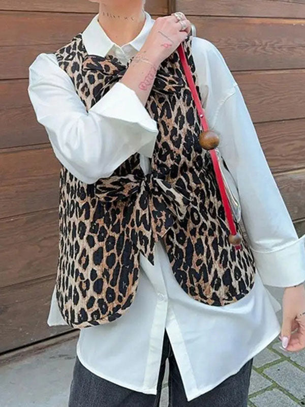 Lace-Up Leopard Split-Joint Loose Sleeveless V-neck Vest Outerwear