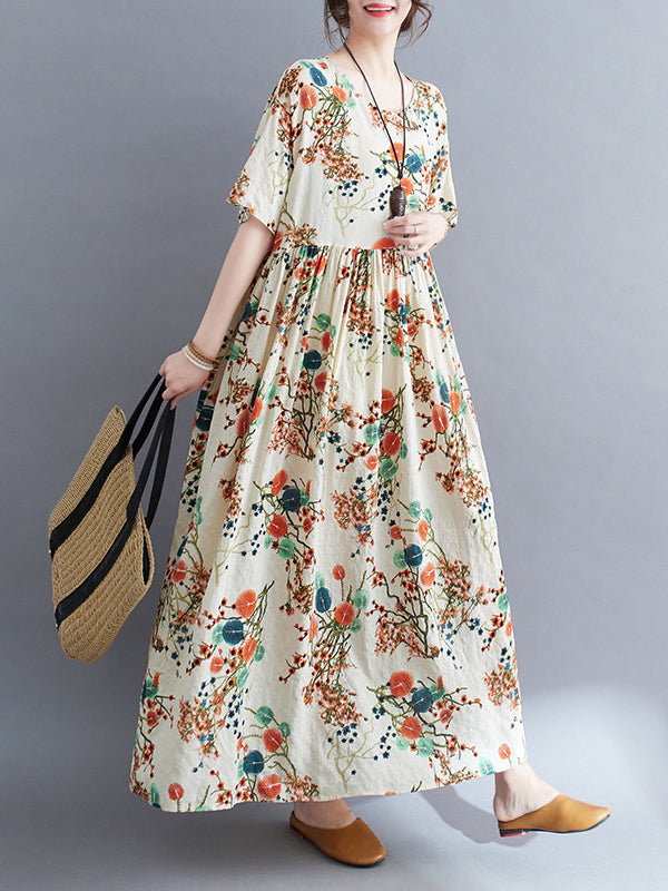 Floral Printed Loose Short Sleeves Round-neck Midi Dresses