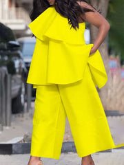 Pockets Solid Color High Waisted Loose Trousers Pants