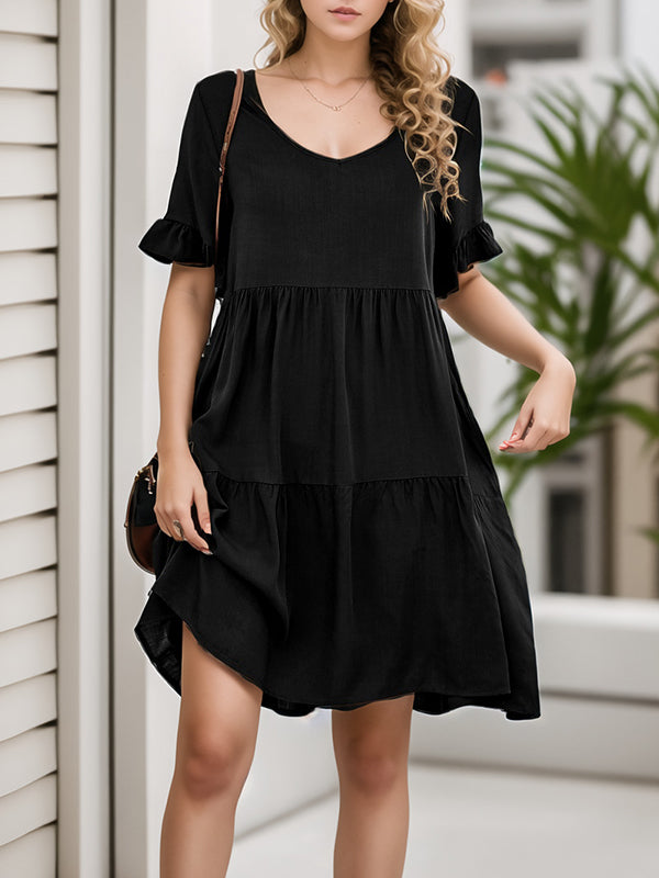 Pleated Pockets Ruffled Solid Color Split-Joint A-Line Flared Sleeves Round-Neck Mini Dresses