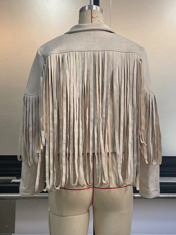 Solid Color Split-Joint Tasseled Long Sleeves Notched Collar Jackets