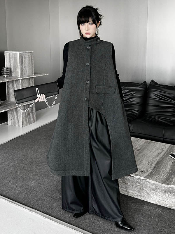 Asymmetric Buttoned Solid Color Split-Joint High-Low Irregularity Stand Collar Padded Vest Outerwear