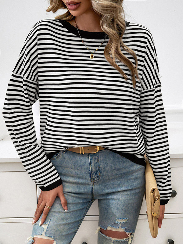 Split-Joint Striped Long Sleeves Loose Round-Neck Sweater Tops Pullovers