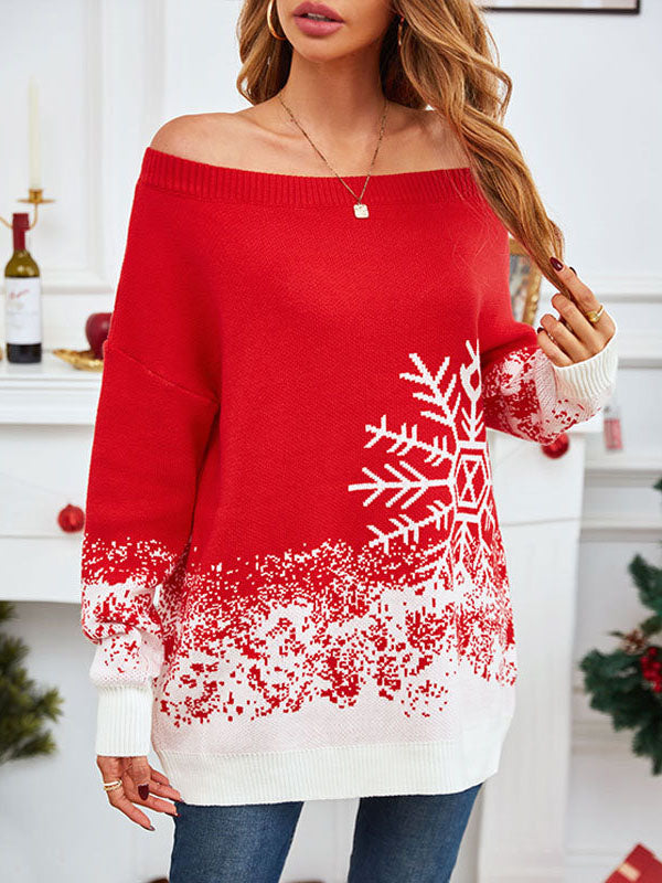 Jacquard Velvet Long Sleeves Loose Off-The-Shoulder Sweater Tops Pullovers