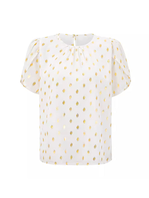 Bronzing Hollow Pleated Polka-Dot Loose Short Sleeves Round-Neck T-Shirts Tops