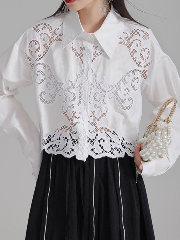 Buttoned Hollow Solid Color Long Sleeves Loose Lapel Blouses&Shirts Tops