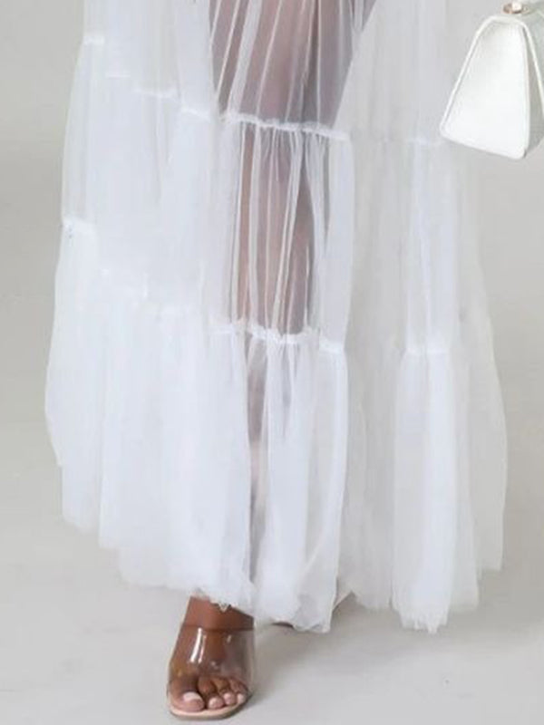 Gauze Pleated See-Through Solid Color Split-Joint Tied Waist Puff Sleeves Lapel Maxi Dresses