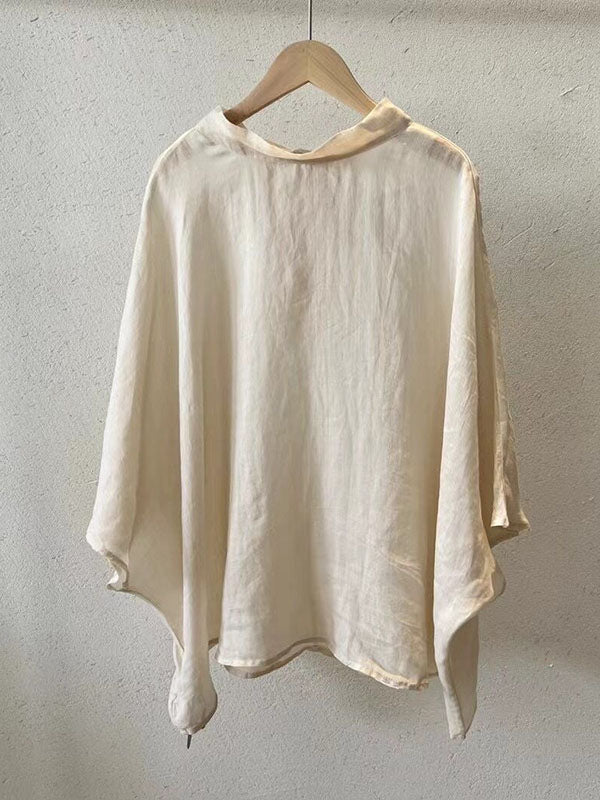 Lace-Up See-Through Solid Color Batwing Sleeves Loose Stand Collar Shirts Tops