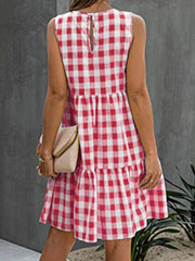 Hollow Plaid Pleated Split-Joint Loose Sleeveless Round-Neck Mini Dresses