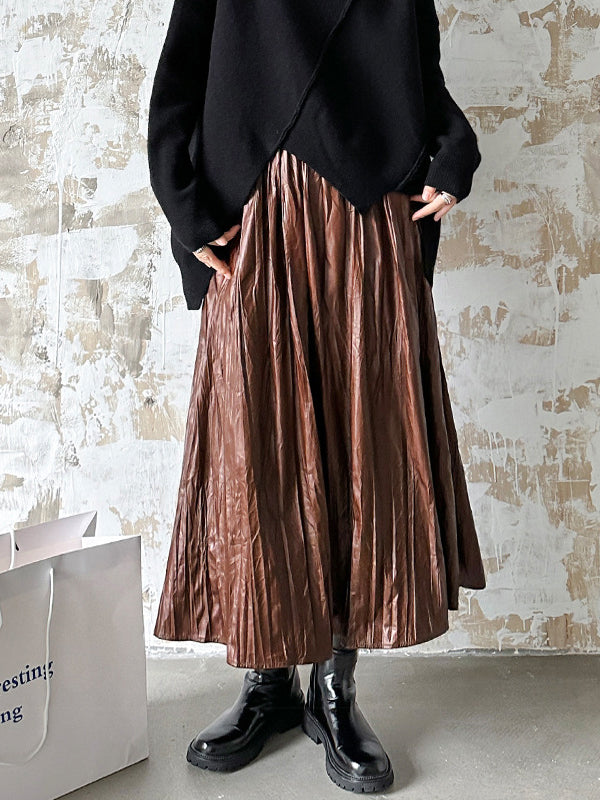 Elasticity Pleated Solid Color A-Line High Waisted Skirts Bottoms