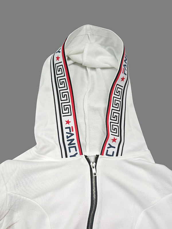 Letter Print Split-Side Zipper Long Sleeves Hooded Jackets+Pants Two Pieces Set