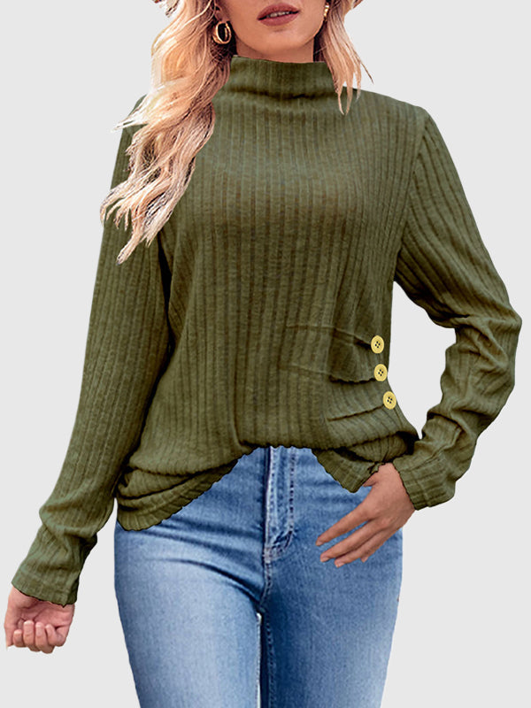 Buttoned Pleated Solid Color Long Sleeves Loose High Neck T-Shirts Tops