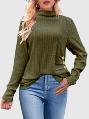 Buttoned Pleated Solid Color Long Sleeves Loose High Neck T-Shirts Tops