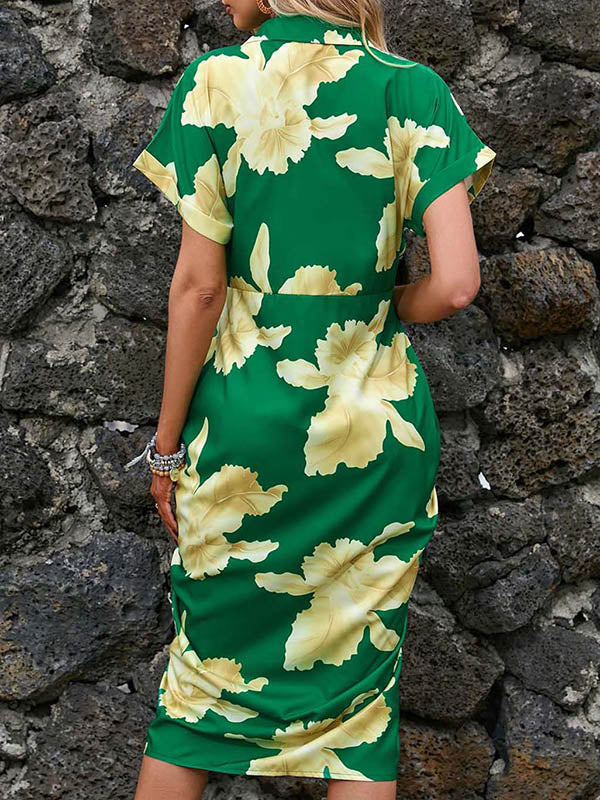 Buttoned Flower Print Pleated Tied Waist Raglan Sleeve Short Sleeves Lapel Shirt Dress Midi Dresses