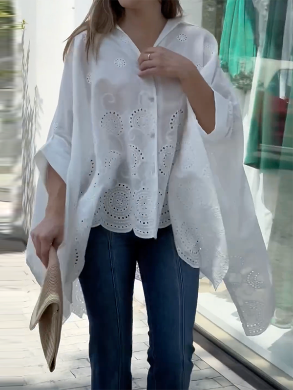 Cap Sleeve Loose Asymmetric Solid Color Lapel Collar Blouses&Shirts Tops