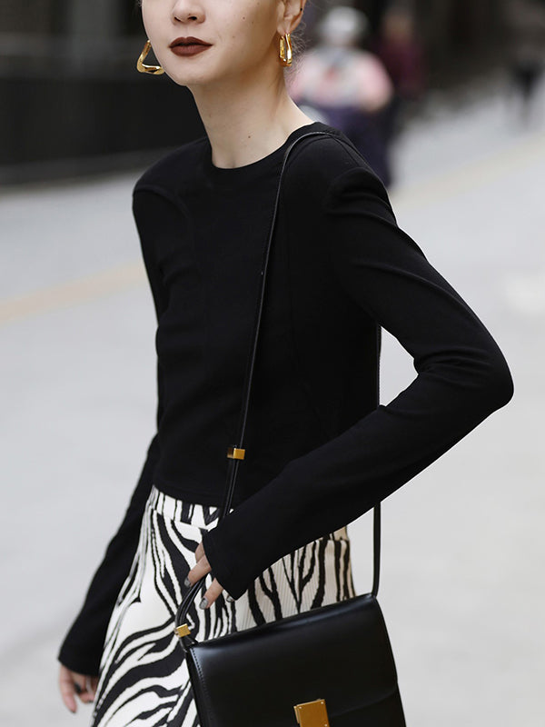 Asymmetric Shoulder Pad Solid Color Split-Joint Long Sleeves Skinny Round-Neck T-Shirts Tops