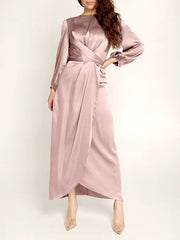 High-Waisted Solid Color Tied Waist Zipper Wrap Round-neck Maxi Dresses