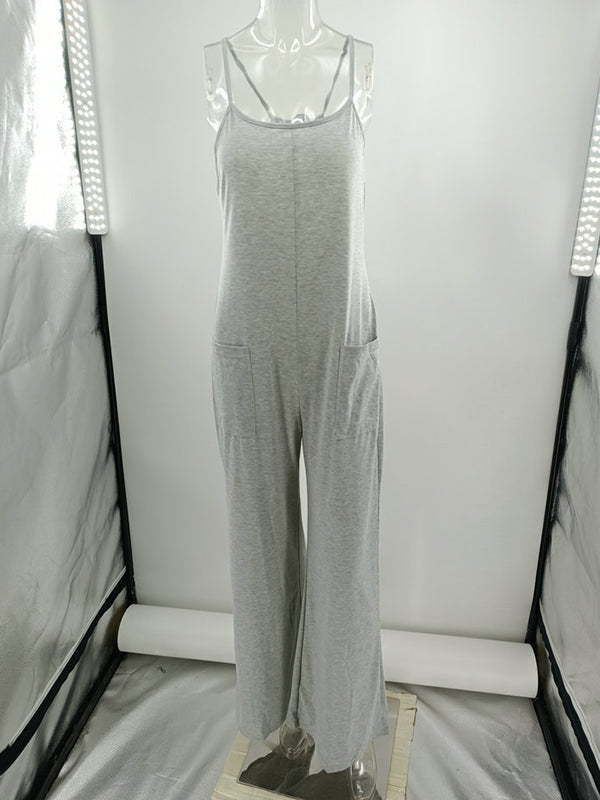 Pockets Solid Color Split-Joint Loose Sleeveless Round-Neck Jumpsuits