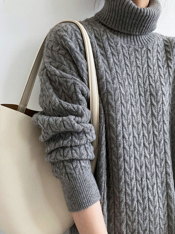 Stylish Loose Long Sleeves Solid Color High-Neck Twist Sweater Dresses