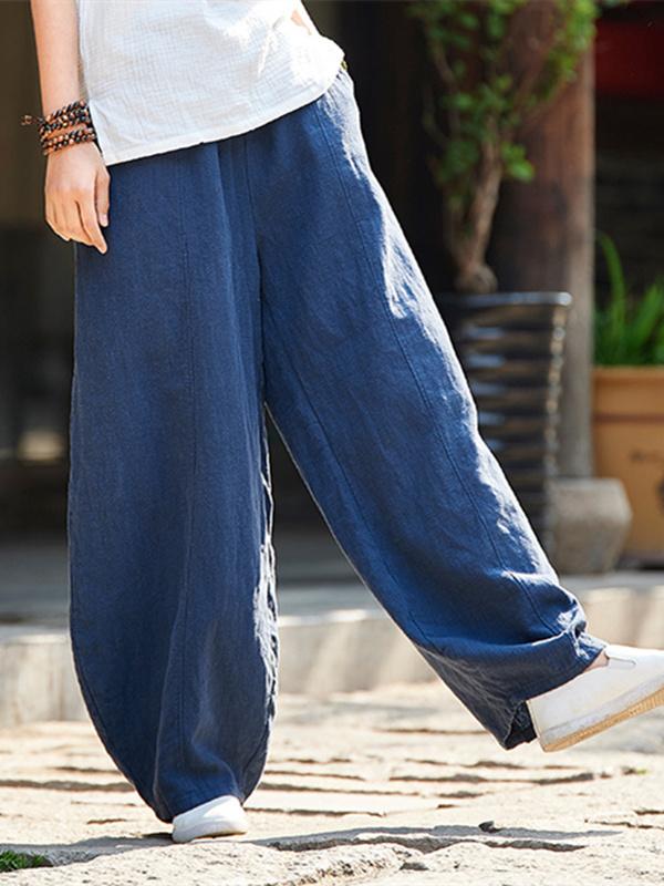 Burgundy&Navy Blue Ramie Cotton Casual Linen Bloomers Pants