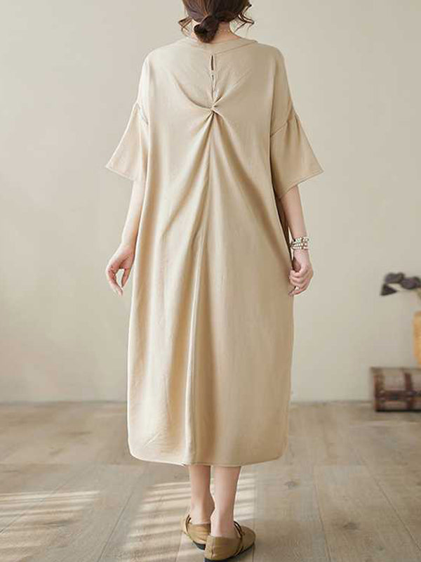 Knot Pockets Solid Color A-Line Loose V-Neck Midi Dresses