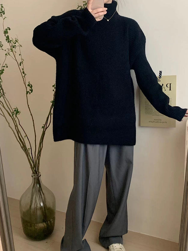 Solid Color Split-Joint Split-Side Long Sleeves Loose High Neck Sweater