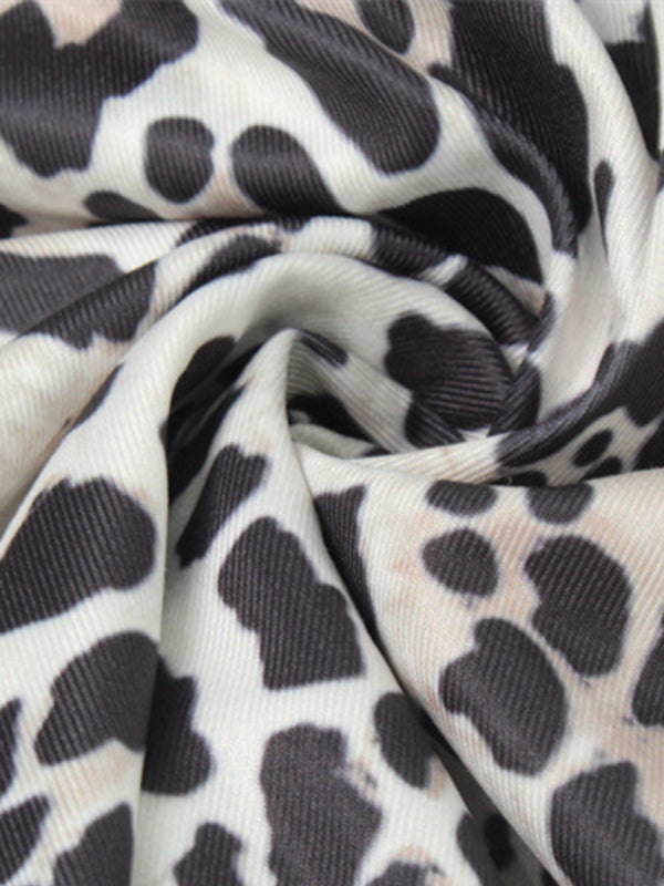 Leopard Pleated Printed Split-Front Bodycon Long Sleeves High Neck Maxi Dresses