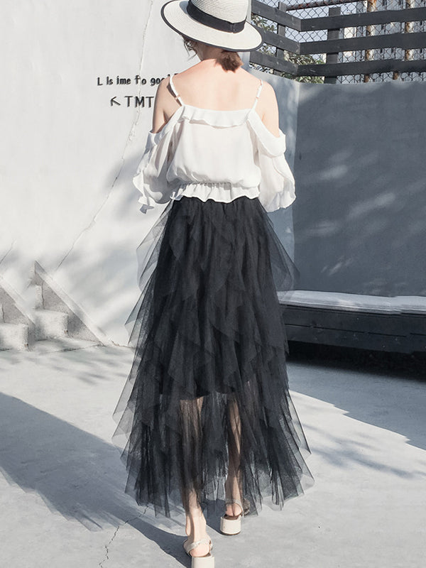 Original Stylish Irregular Mesh Solid Color Skirt