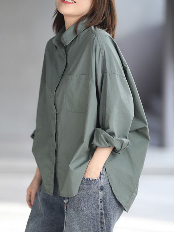 Solid Color High-low Long Sleeves Lapel Blouses&shirts Tops