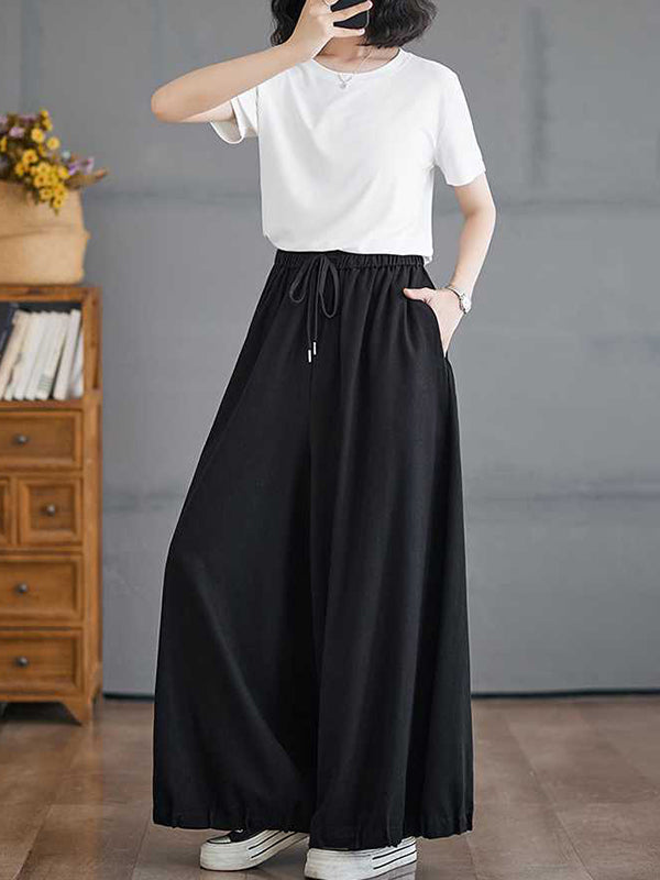 Drawstring Elasticity Pleated Pockets High Waisted Loose Pants Knickerbockers Culotte