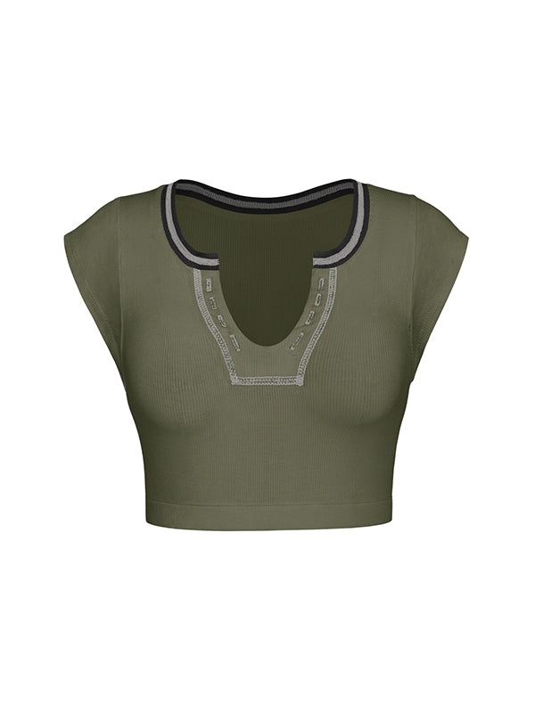 Split-Joint Cap Sleeve Skinny Deep V-Neck Vest Top