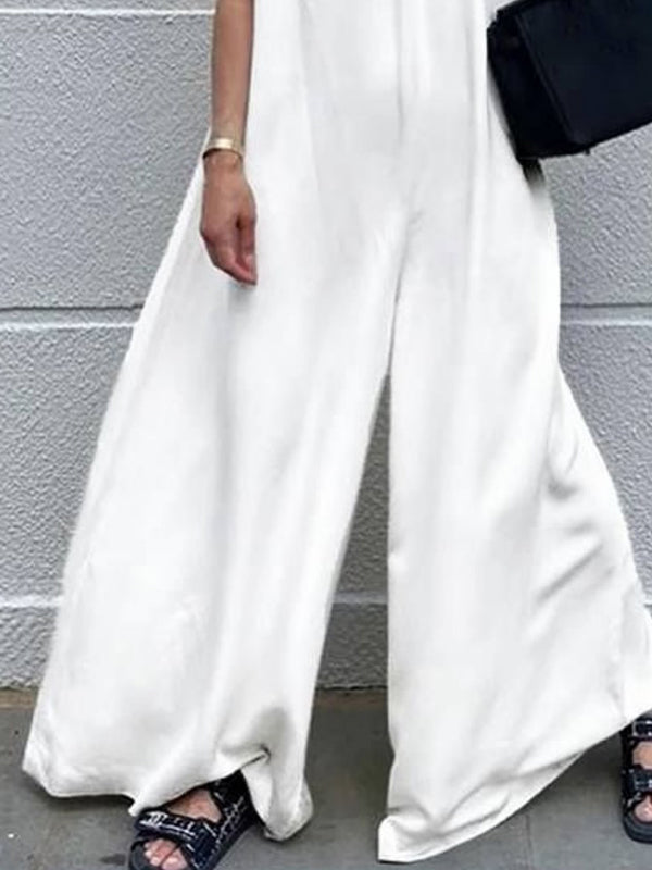 Solid Color Loose Sleeveless Round-Neck Wide Leg Jumpsuits