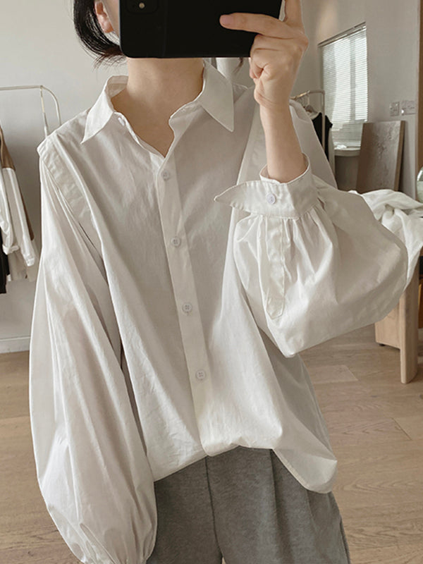 Solid Color Loose Puff Sleeves Lapel Blouses