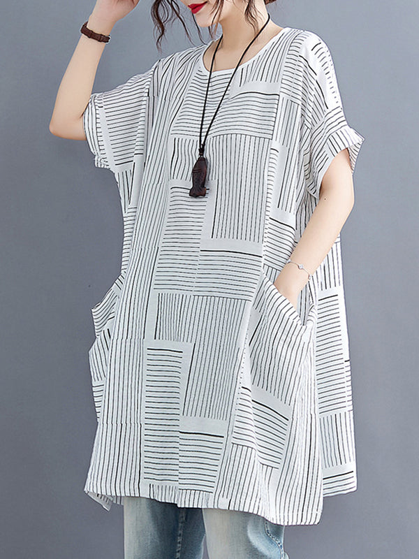 Plaid Striped Loose Short Sleeves Round-Neck T-Shirts Tops