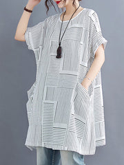 Plaid Striped Loose Short Sleeves Round-Neck T-Shirts Tops