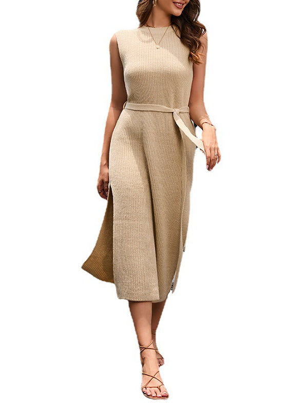 Solid Color Split-Side Tied Waist A-Line Loose Round-Neck Sweater Dresses Midi Dresses