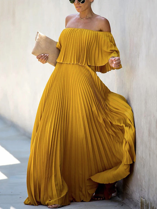 Loose Pleated Solid Color Off-The-Shoulder Maxi Dresses