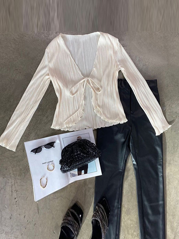 Lace-Up Pleated Solid Color Split-Joint Long Sleeves Loose Deep V-Neck Blouses&Shirts Tops